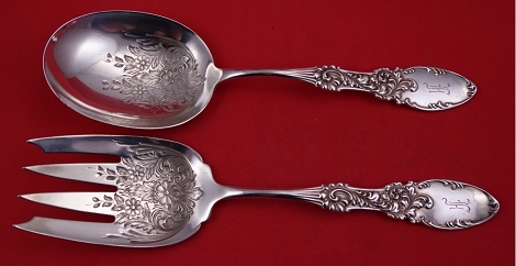 Salad Serving Set AS w/ repousse flowers in serving area  9 1/4
